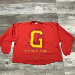 Vintage 80s Guess America Paris RedYellow‎  Womens L Logo Cropped Sweatshirt